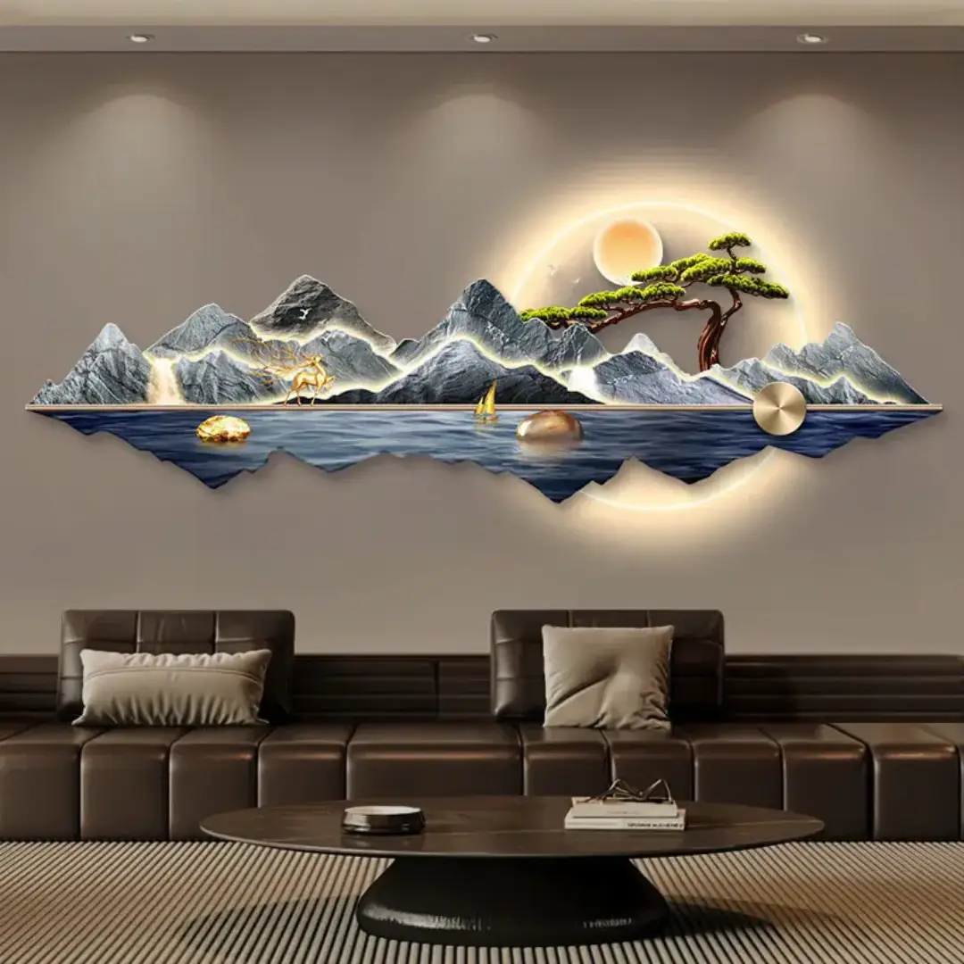 modern 3d illuminated mountain landscape led wall art with golden deer and bonsai